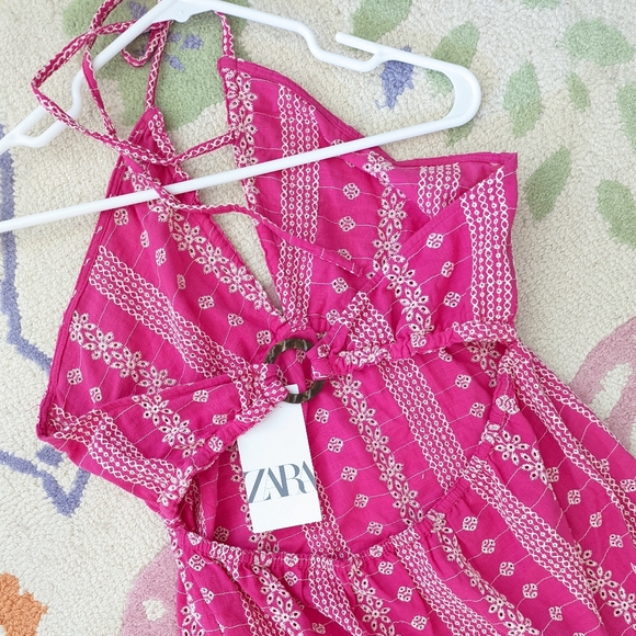 ZARA OPENWORK EMBROIDERED EYELET MIDI HALTER DRESS PINK XS,S,M,L NWT - Picture 10 of 13